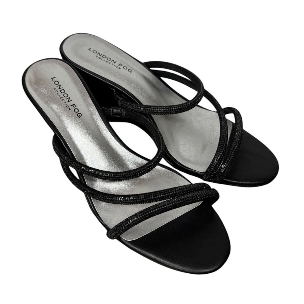 London Fog Women’s Size 7.5W Black Rhinestone Strappy Wedge Sandals